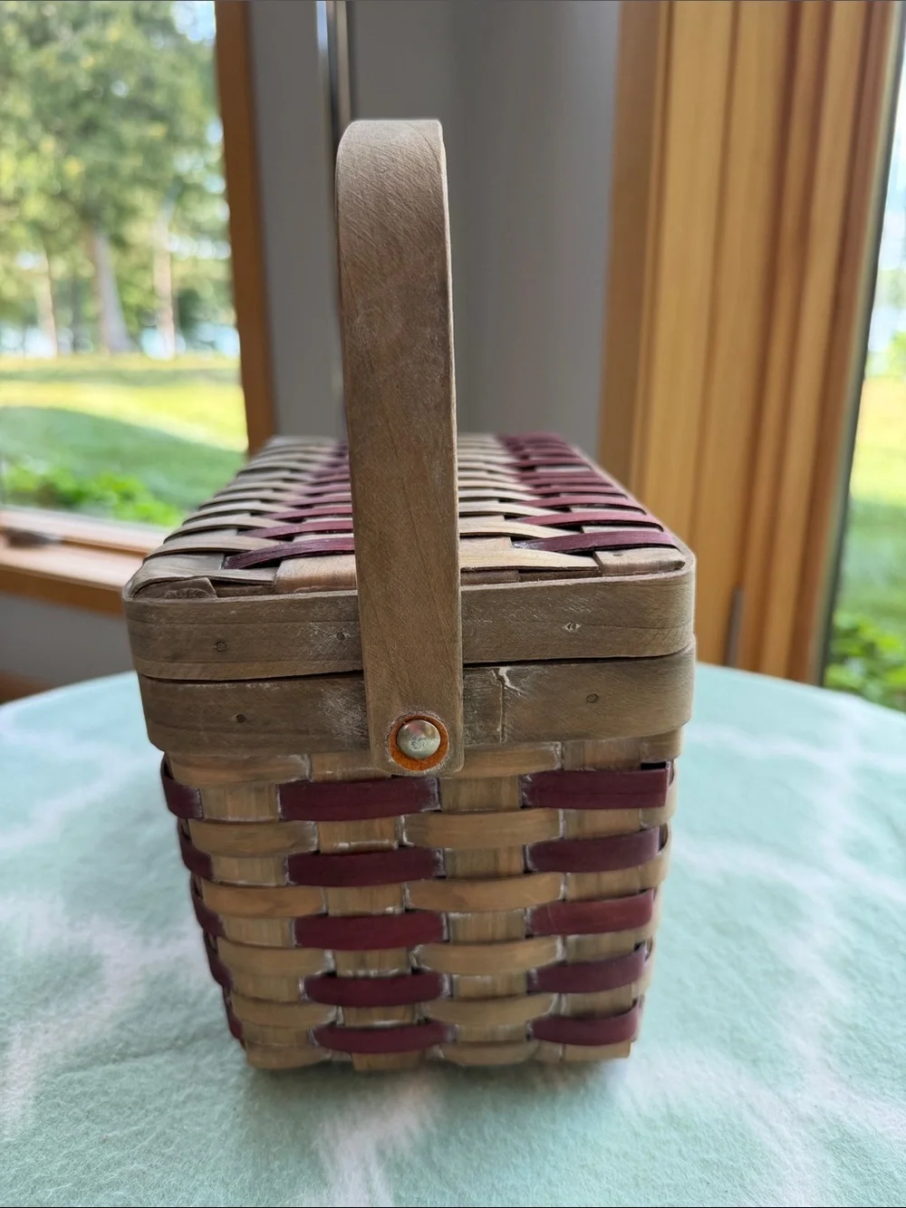 Vintage Woven Natural Wood Basket with Flag Accent - Brown, Red, Blue
